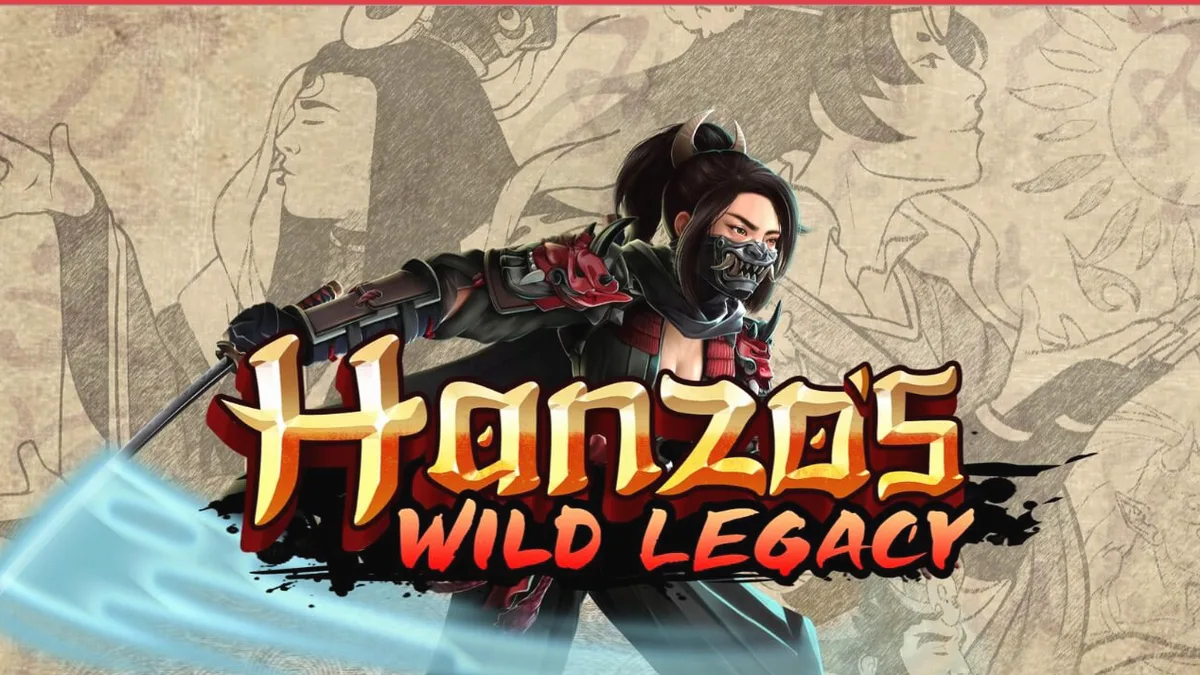 Cena de jogo do slot Hanzo’s Wild Legacy com uma ninja e símbolos temáticos japoneses