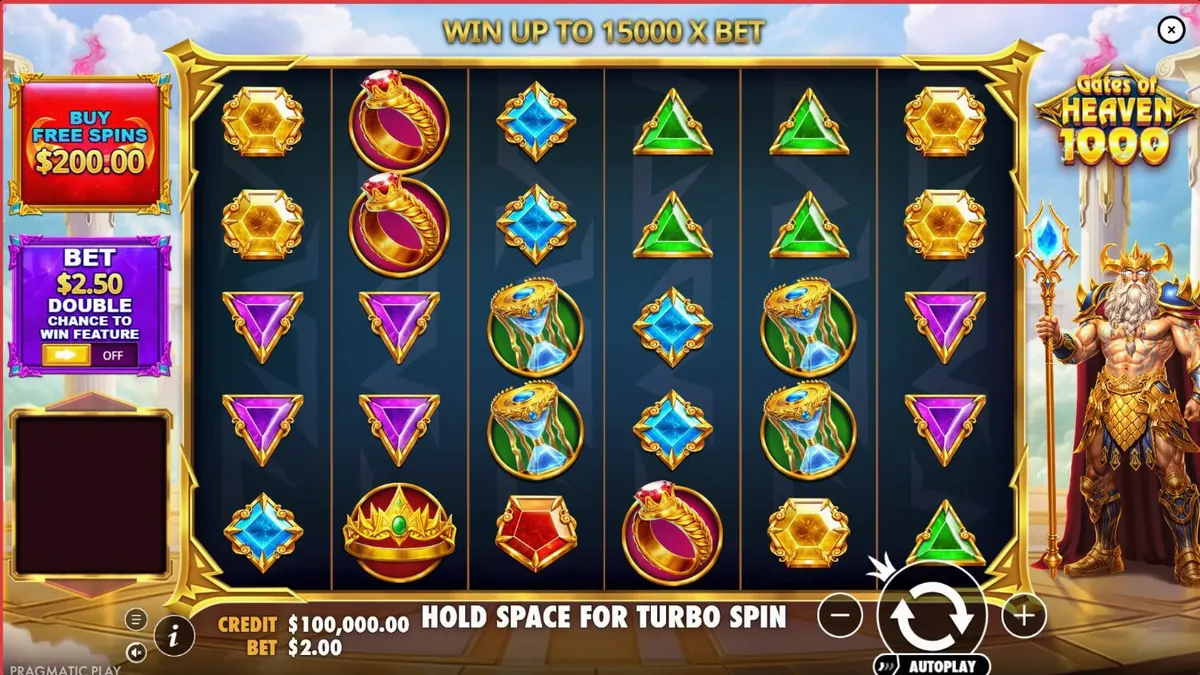 Interface do jogo Gates of Heaven 1000 com Zeus ao fundo